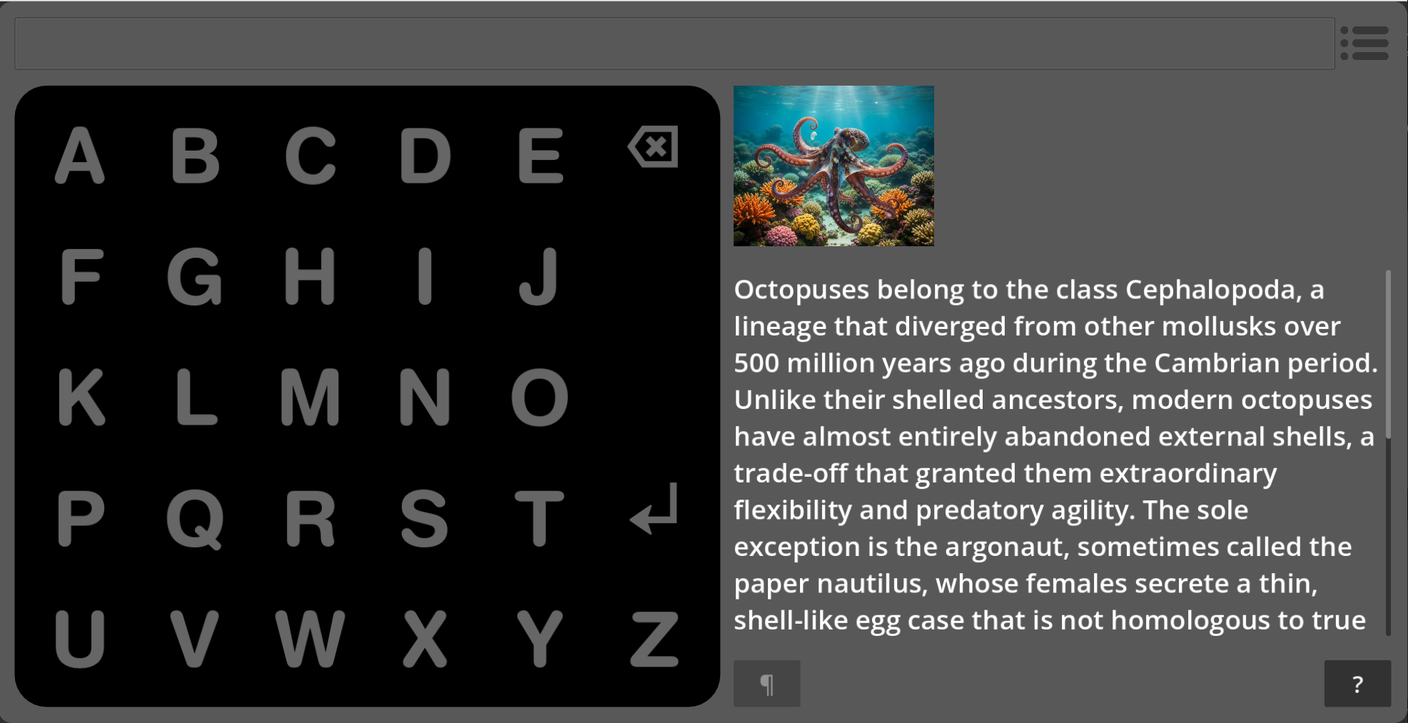 A screenshot showing mid-lesson view in a topic about octopuses